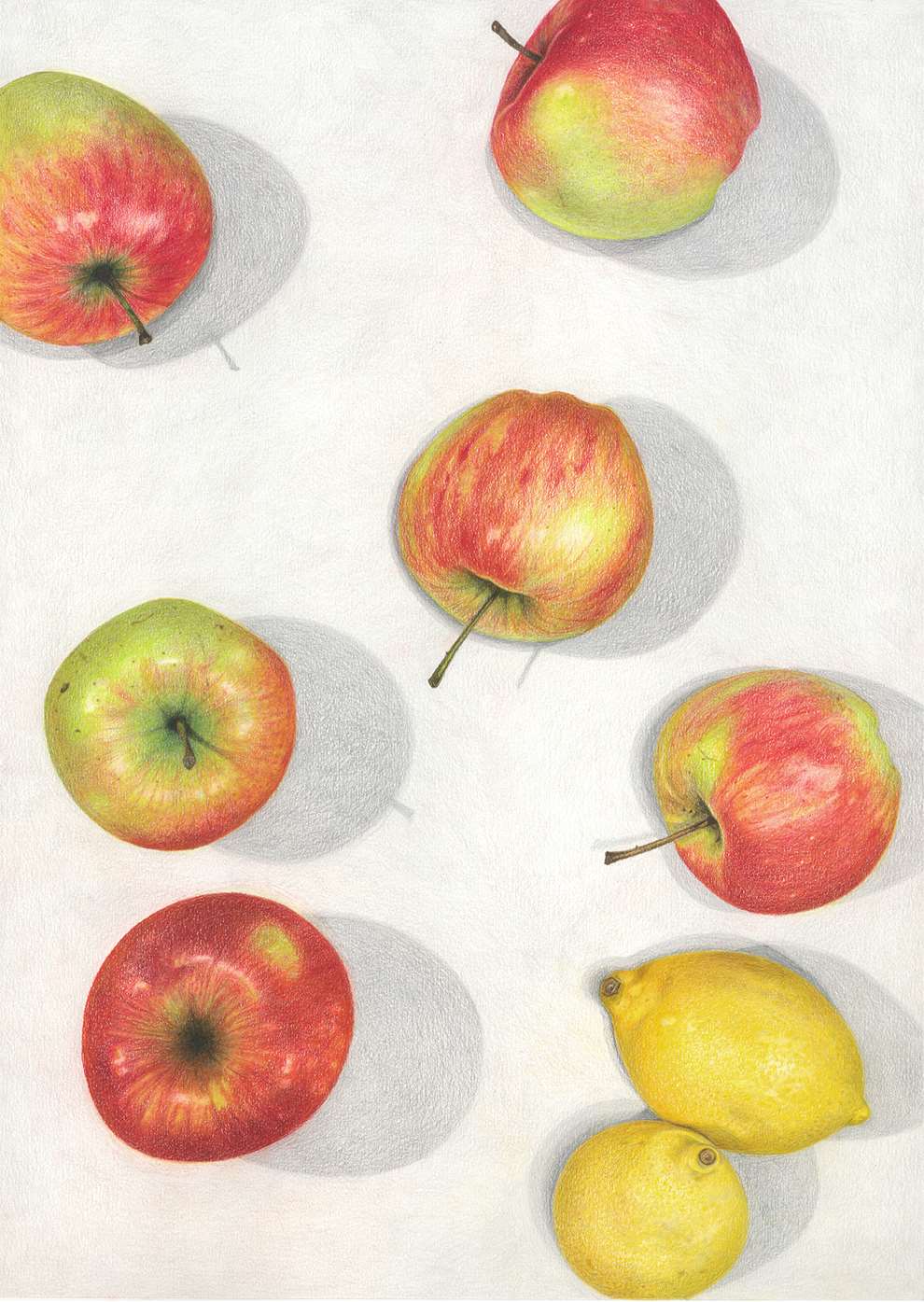 Pencil on Paper, Hand-drawn with pencils and colouring pencils, a staged scene of apples on a table.